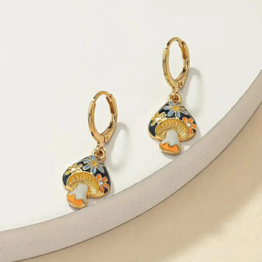 Cute Little Gold Plated Mushroom Drop Earrings - NEW - Picture 1 of 4